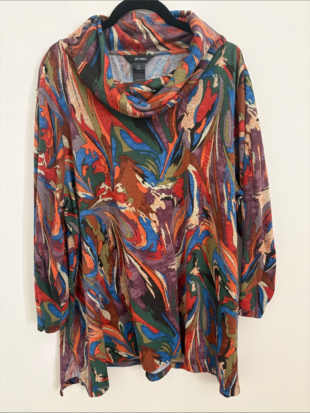Ali Miles Multicolor Swirl Cowl Neck Tunic Sweater